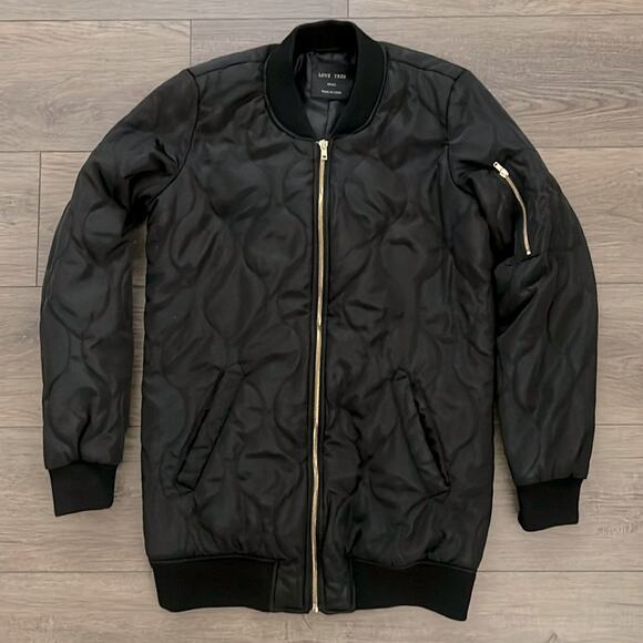 Love Tree Women’s Black Full Zip Mid Length Quilted Bomber Jacket Size Small‎ - Picture 1 of 13